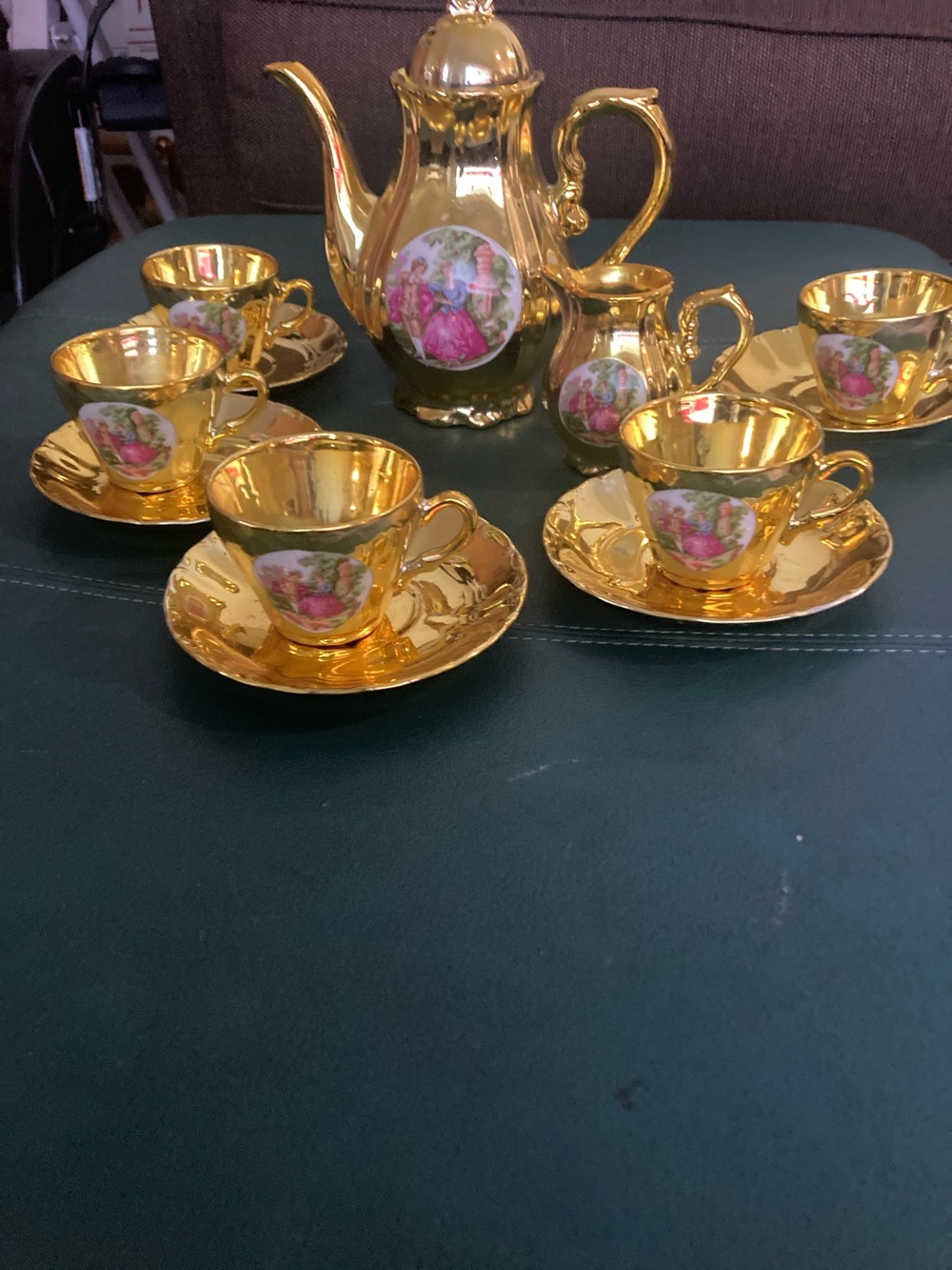 Vintage Golden Mirrored Porcelain Tea Service with Floral Medallions